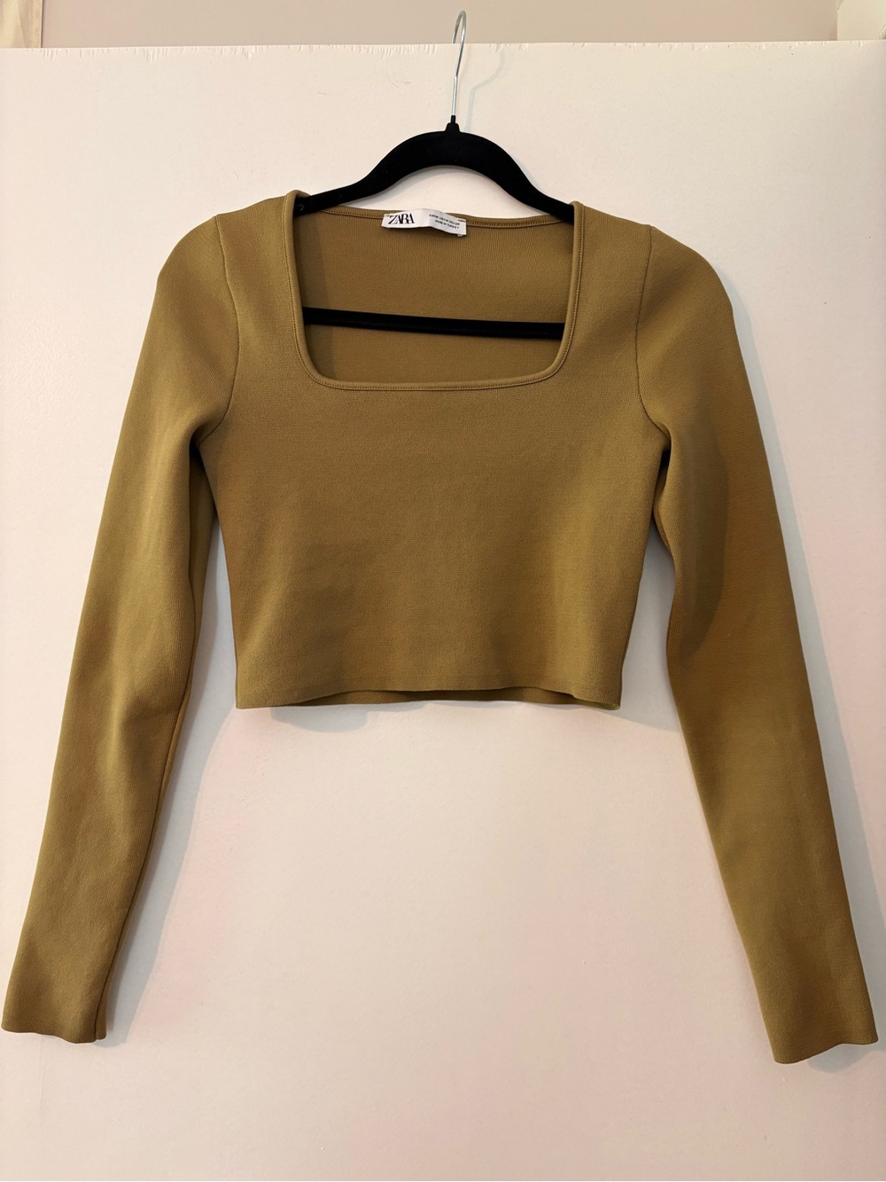 Zara Olive Square-Neck Long-Sleeve Crop Top